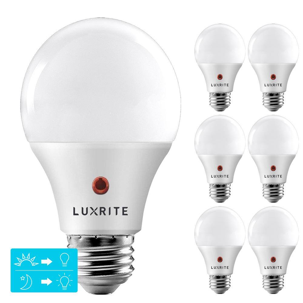 LUXRITE 60-Watt Equivalent A19 E26 Base Dusk to Down Sensor LED Light Bulb 3000K Soft White 6-Pack LR21471-6PK