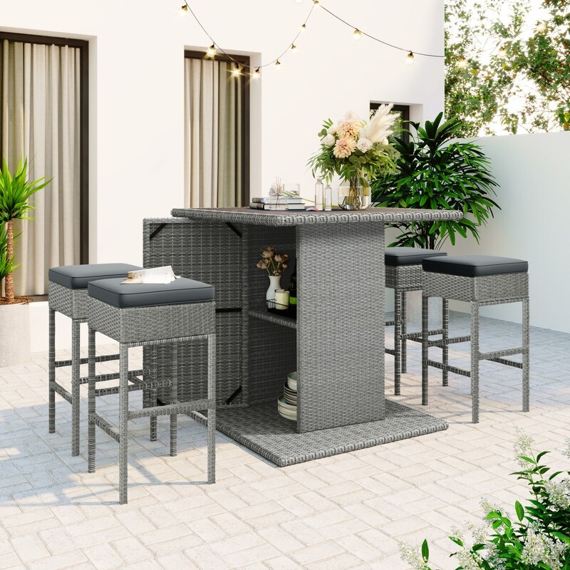 Outdoor 5 Piece Rattan Dining Table Set with 4 Padded Stools for Poolside