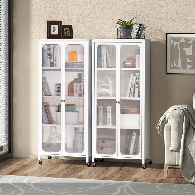 Costway Storage Cabinet With Wheels amp 2 Translucent Doors Adjustable Shelves Sideboard