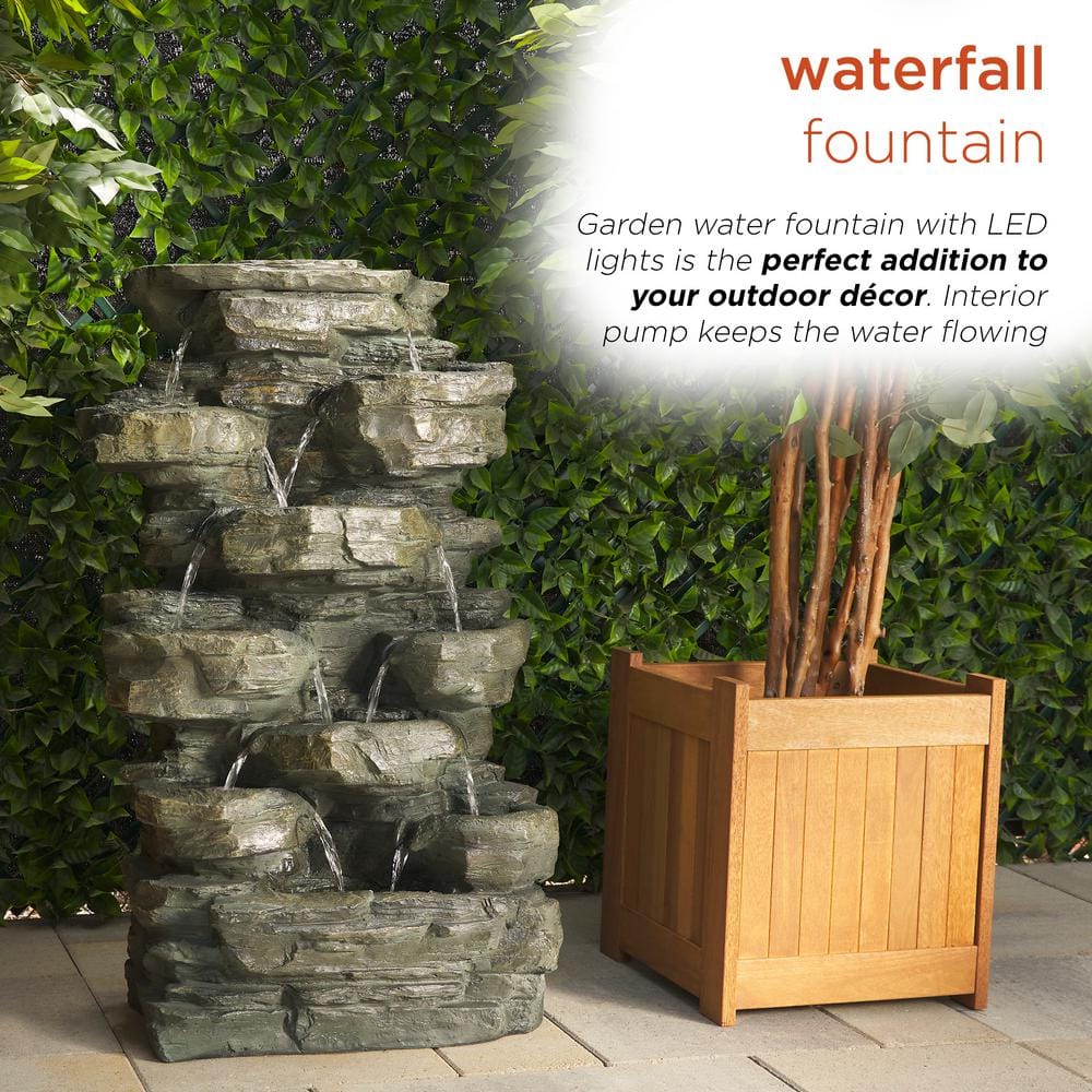 Alpine Corporation 39 in. Tall Outdoor Multi-Tier Rock Water Fountain with LED Lights WIN930