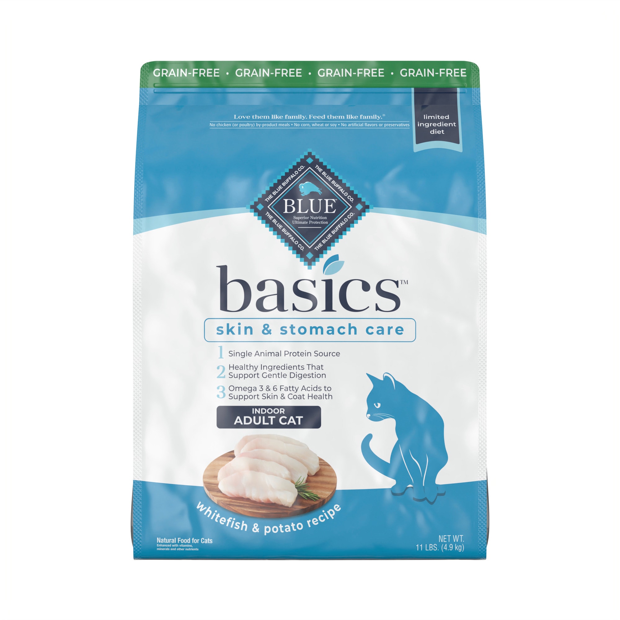 Blue Buffalo Blue Basics Skin  Stomach Care Natural Adult Grain Free Indoor Fish  Potato Adult Dry Cat Food， 11 lbs.