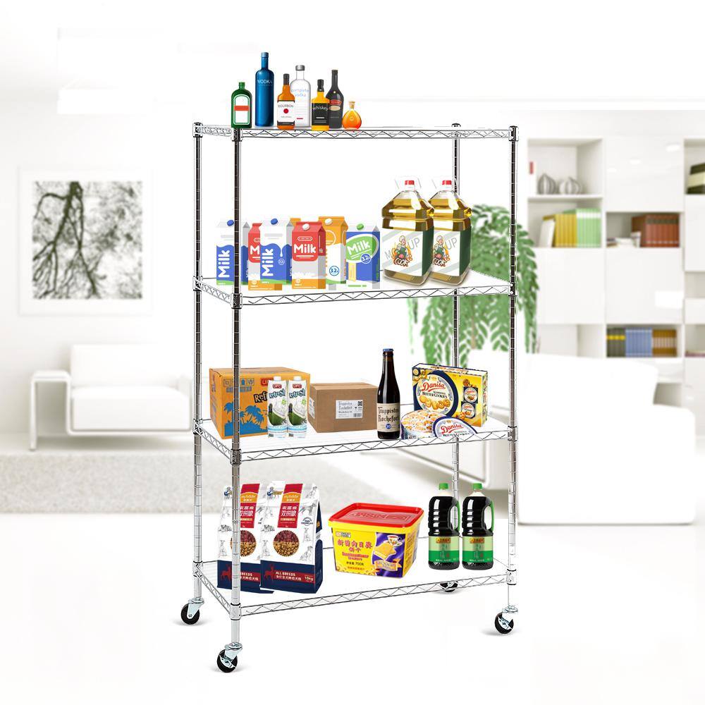 EFINE Chrome 4-Tier Rolling Carbon Steel Wire Garage Storage Shelving Unit Casters (2-Pack) (30 in. W x 50 in. H x 14 in. D) RL200-4CWX2