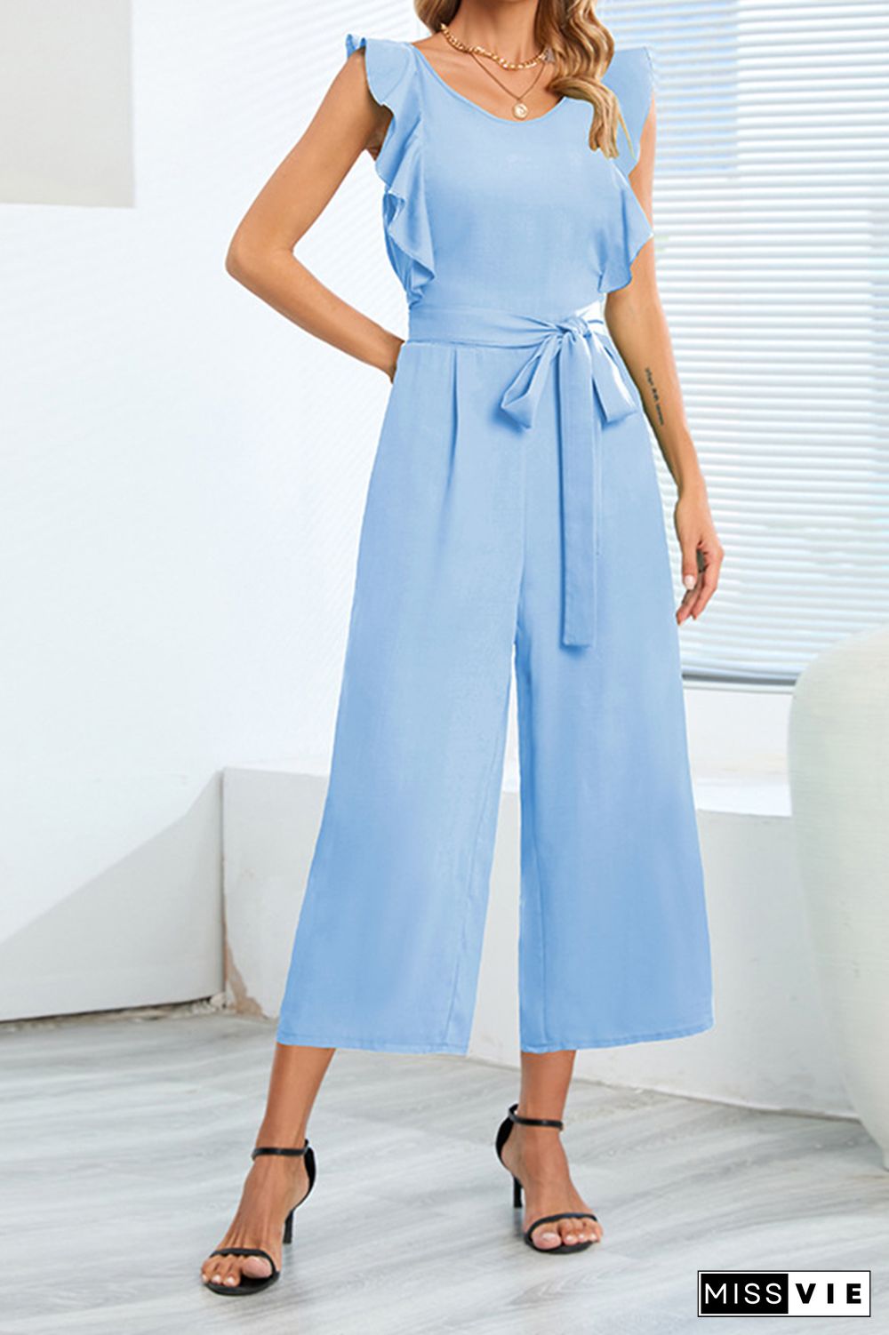 Plain Flutter Sleeveless Wide Leg Jumpsuit