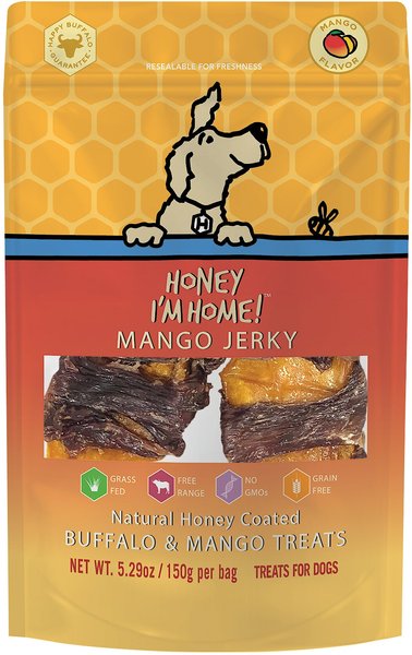 Honey I'm Home! Mango Jerky Natural Honey Coated Buffalo and Mango Grain-Free Dog Treats， 5.29-oz bag