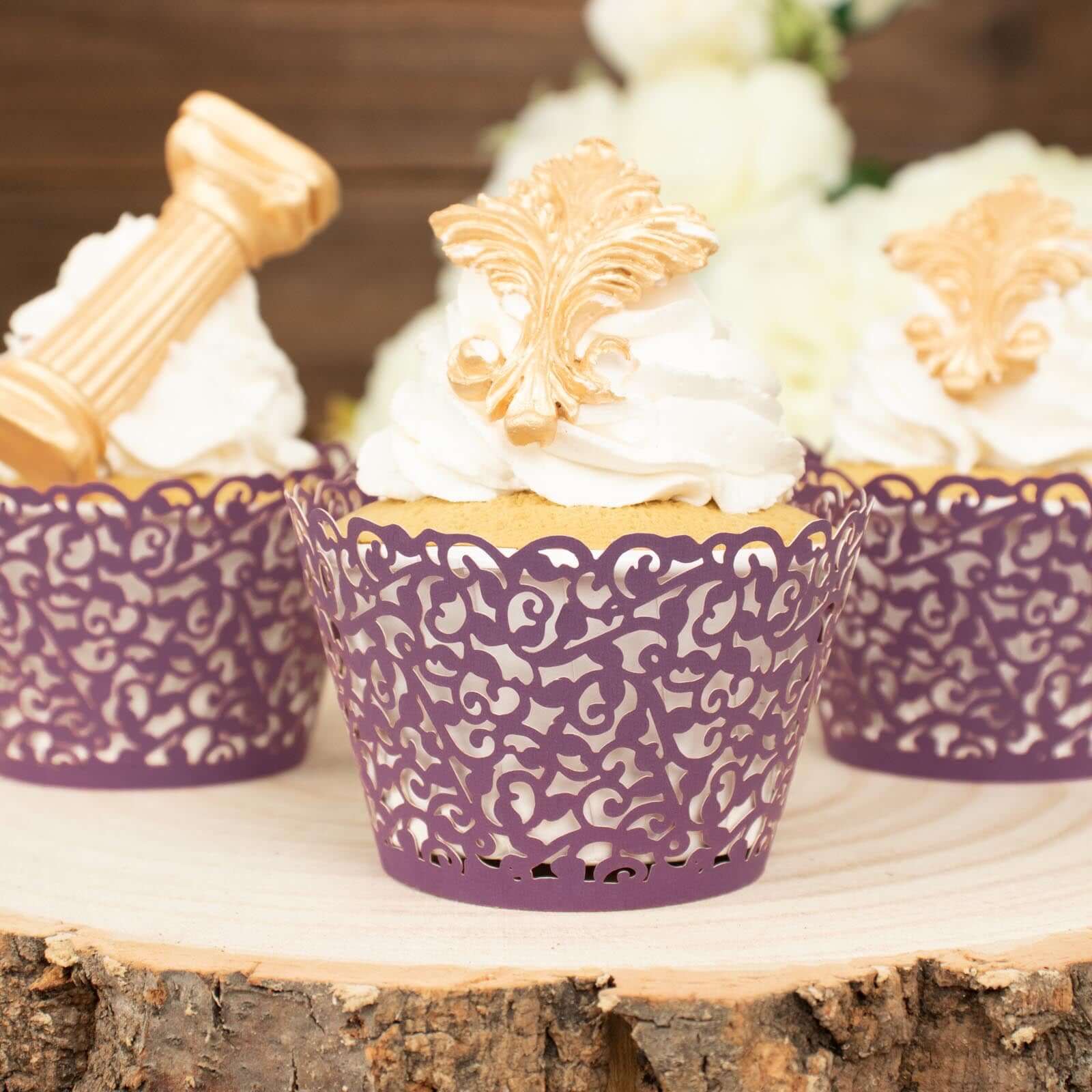 25 Pack Purple Lace Laser Cut Paper Cupcake Wrappers, Muffin Baking Cup Trays