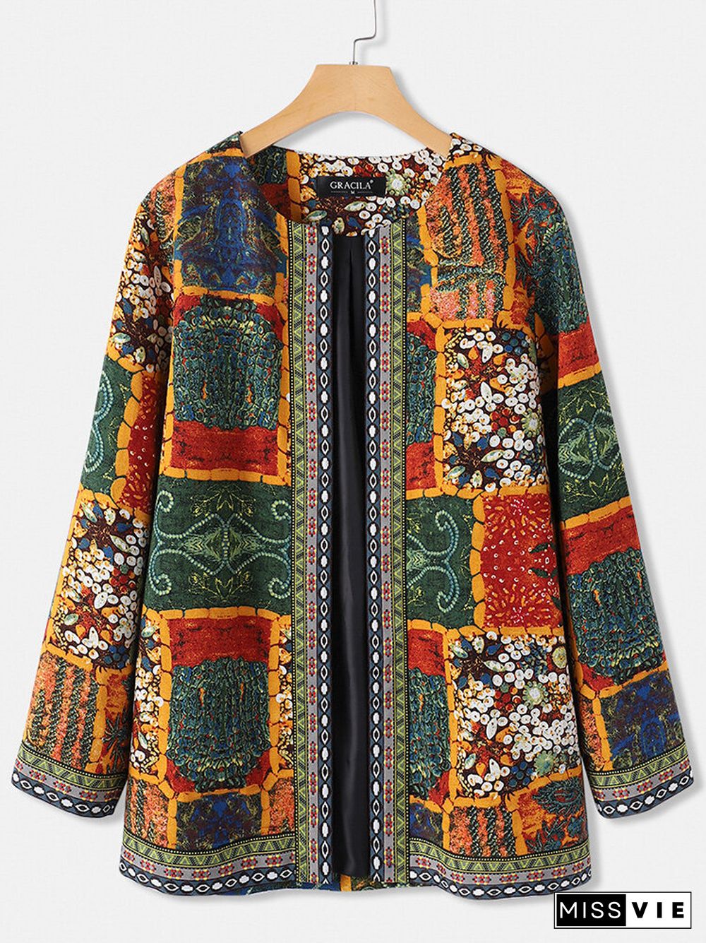 Vintage Ethnic Style Floral Print Patchwork Jackets With Pockets For Women