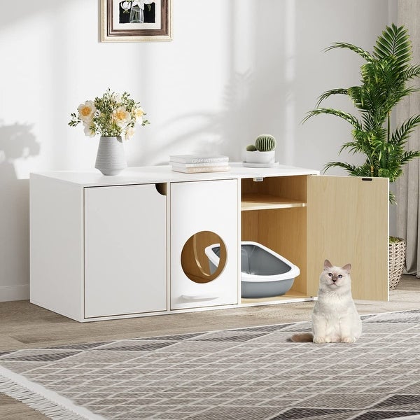 Cat Litter Box Enclosure 43 Inch， Wood Cat Washroom Storage Cabinet