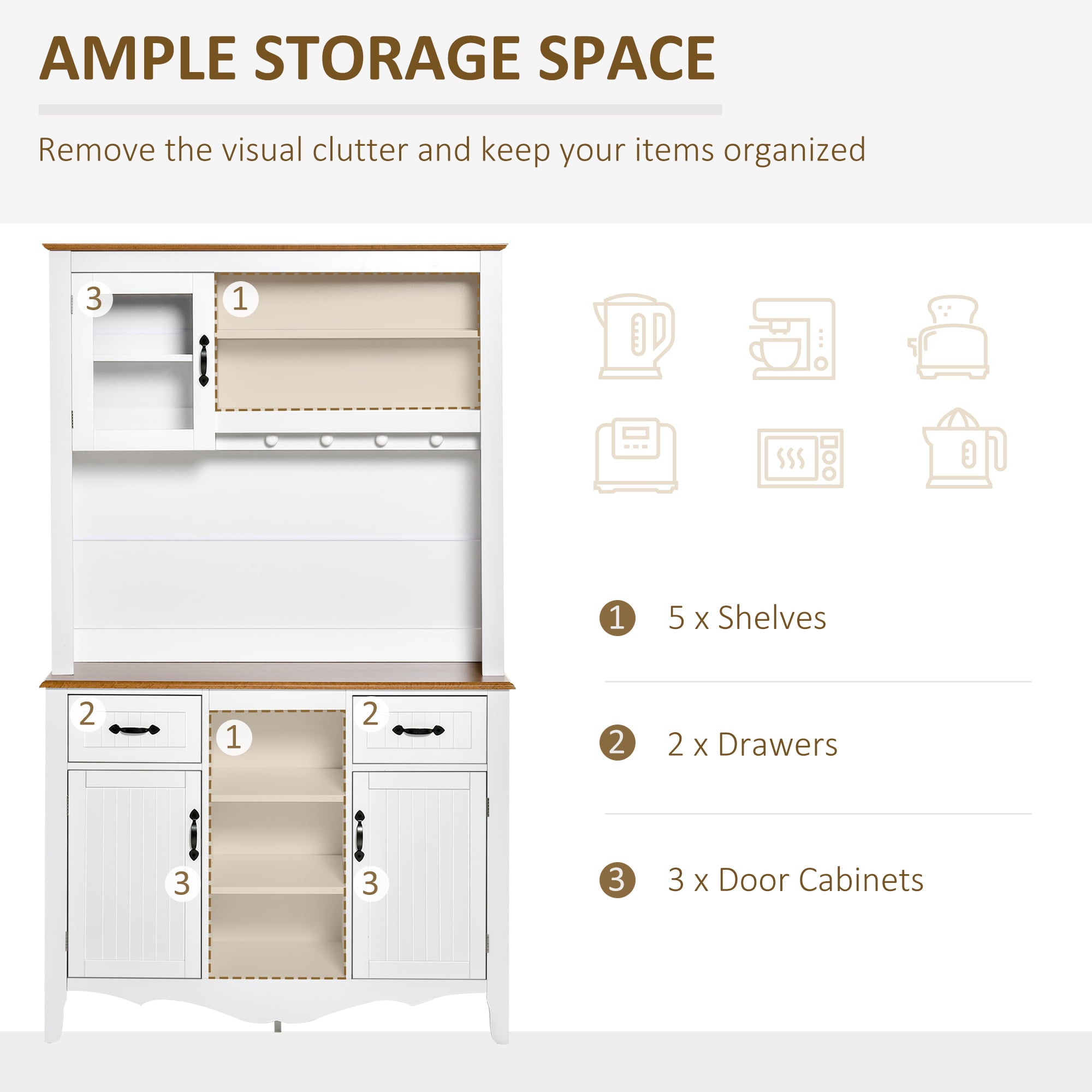 Homcom 71 Kitchen Storage Hutch Cupboard Microwave Stand w / 3 Shelves， White Wooden