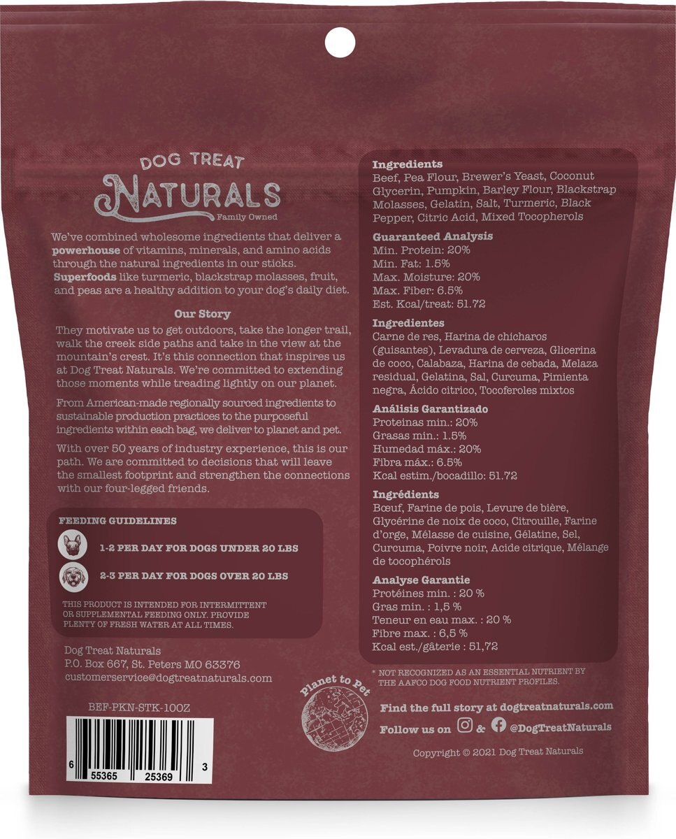 Dog Treat Naturals Beef and Pumpkin Superfood Fresh All Stages Natural Chews Sticks Treats， 10-oz bag