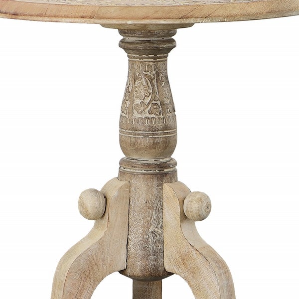 Intricately Carved Round to p Mango Wood Side End Table with Pedestal Base