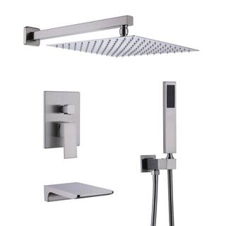 GIVING TREE 2-Spray 10 in. Square Rain Shower Head with Hand Shower and Waterfall Tub Faucet in Brushed Nickel (Valve Included) HDYN-MM0027