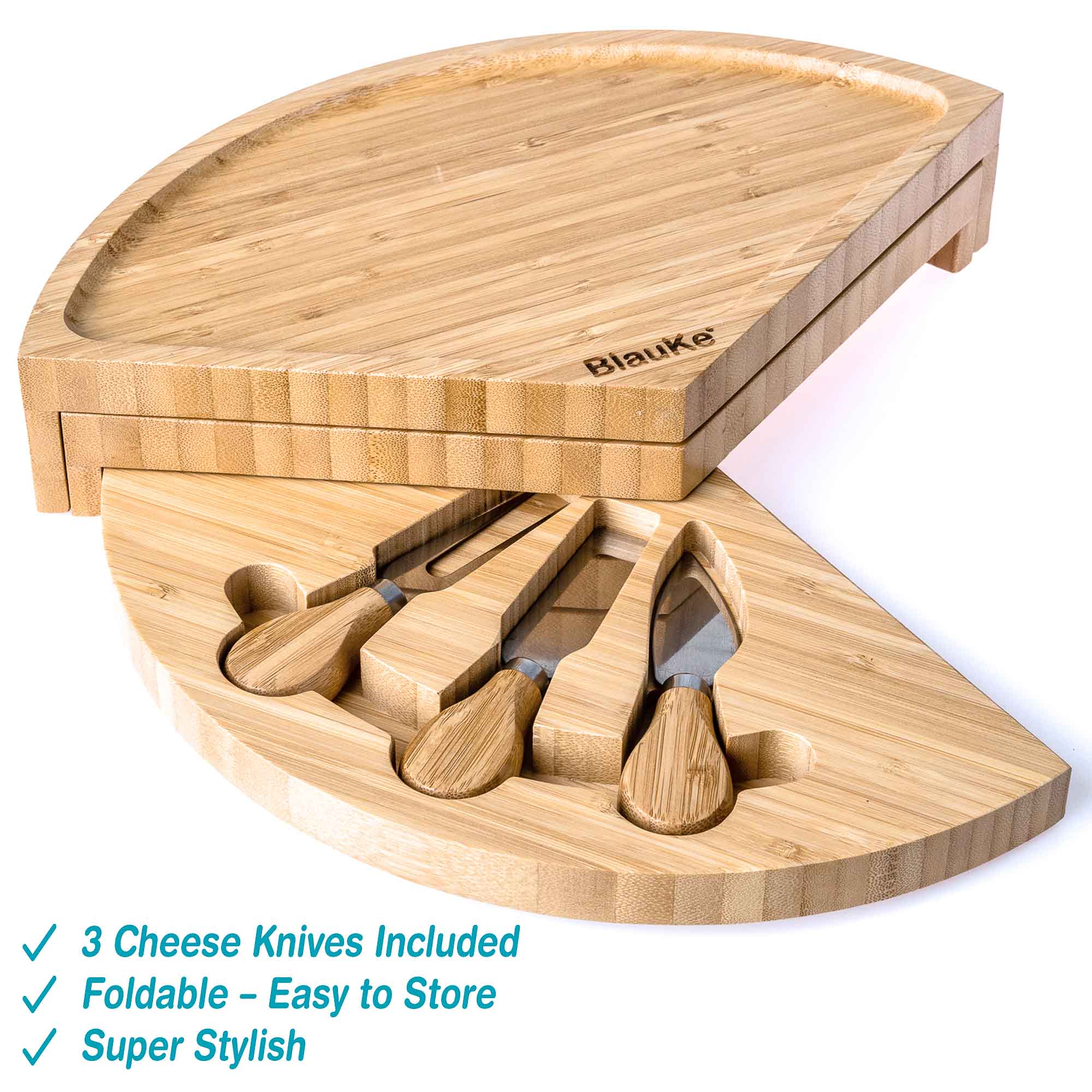 BlauKe® Bamboo Cheese Board and Knife Set – 14 inch Round Charcuterie Board， Serving Tray， Platter， Wood Cheese Board Set with Slide-Out Drawer