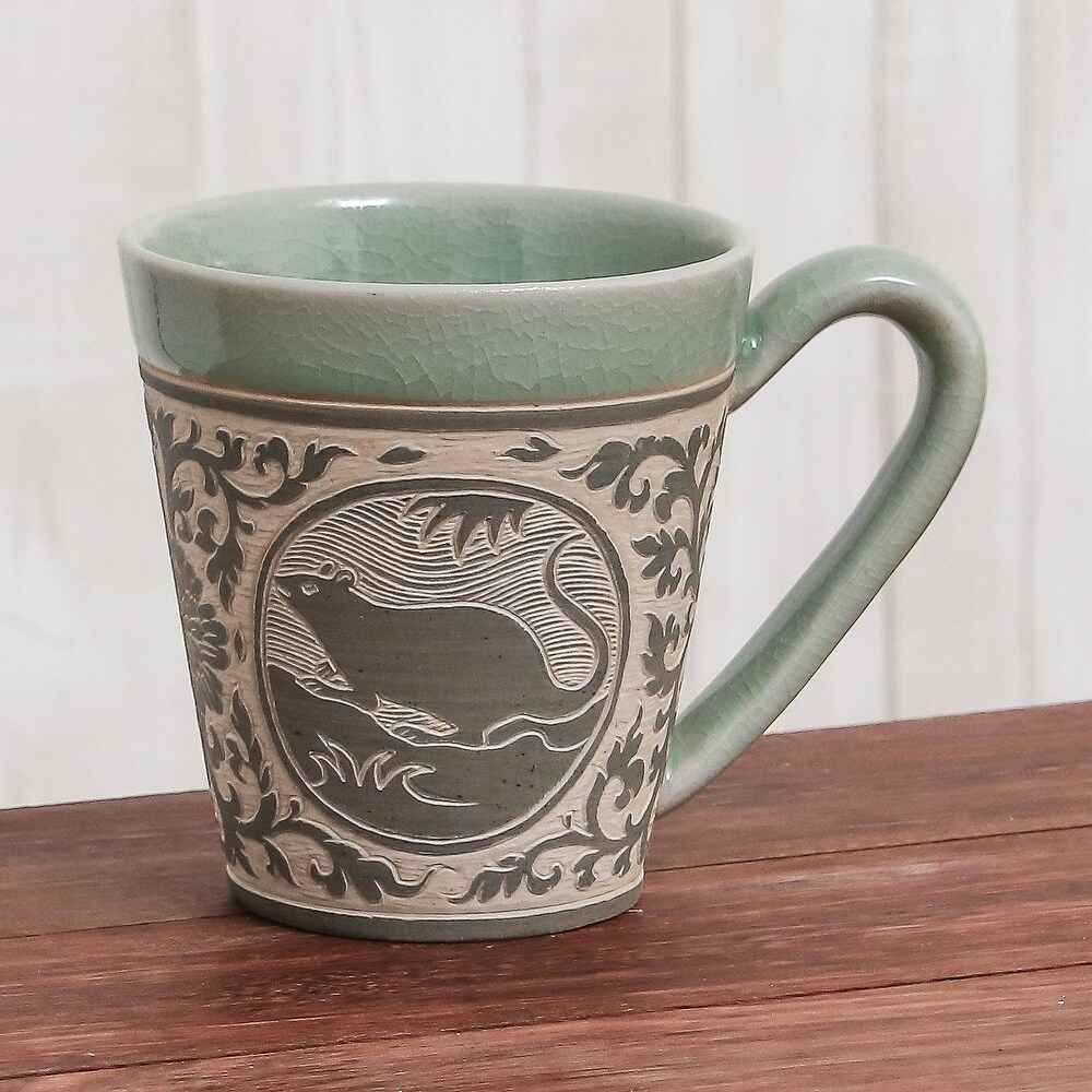 Handmade Thai Zodiac Rat Celadon ceramic mug (Thailand)