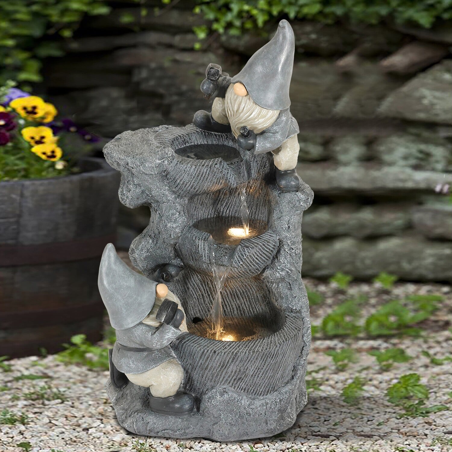 LuxenHome Gray Resin Gnomes Rock Bowl Outdoor Fountain with LED Lights