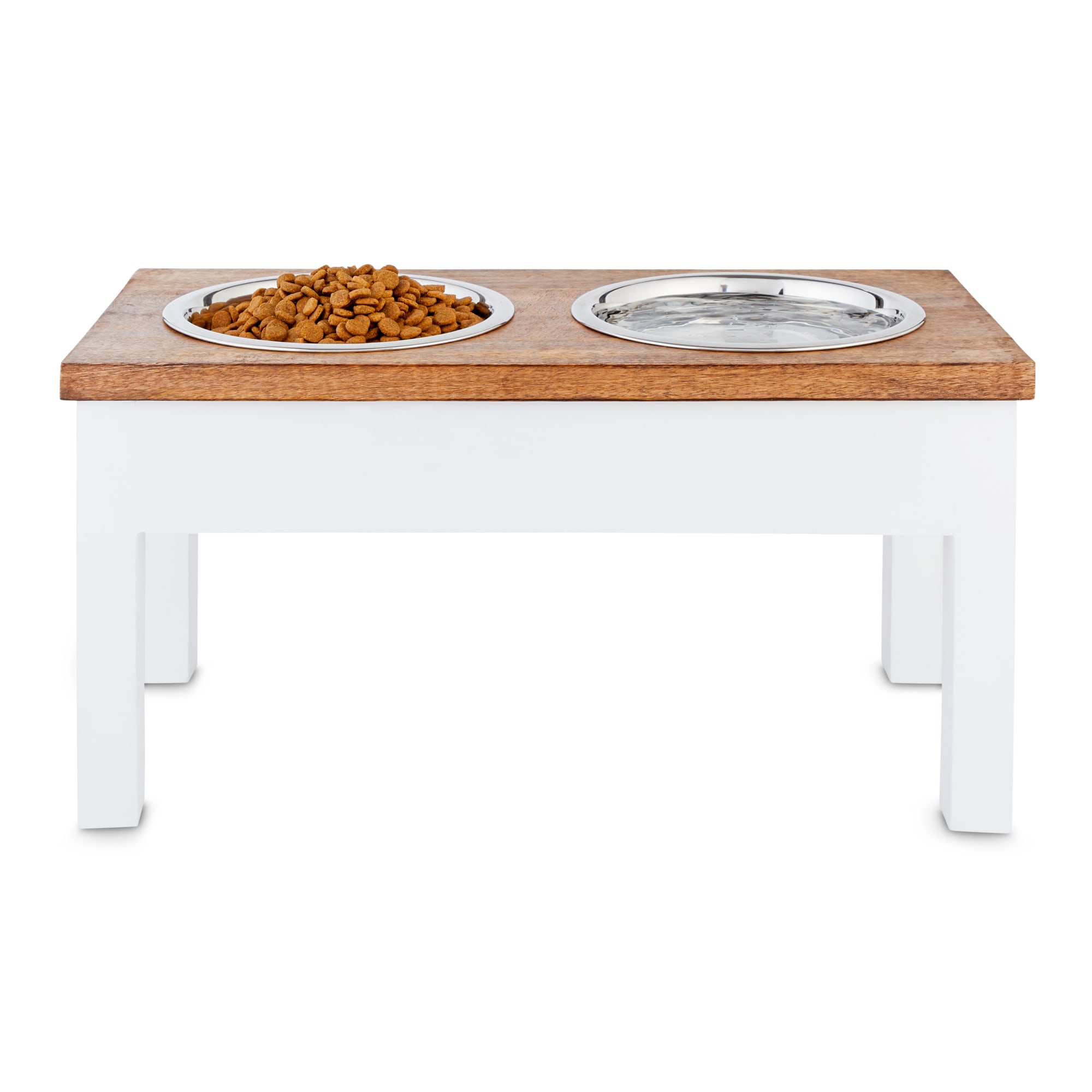 EveryYay Dining In White Wood Elevated Double Diner Dog Feeder， 7 Cups