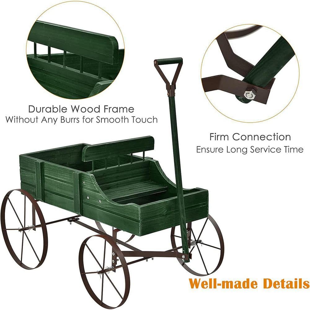 Alpulon Wooden Wagon Plant Bed in Green with Metal Wheels ZMWV540-G