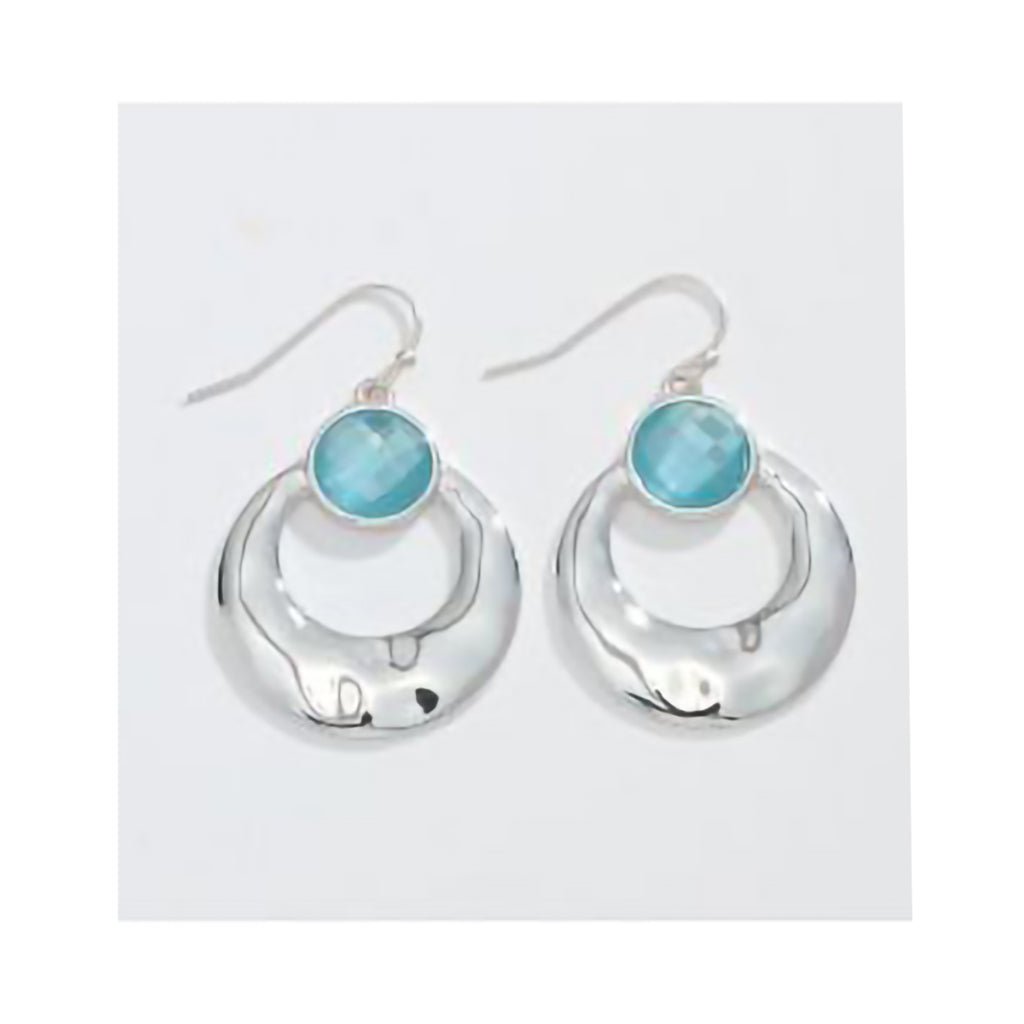 Periwinkle by Barlow   Hammered Silver Drop With Faceted Aqua Crystals - Earrings