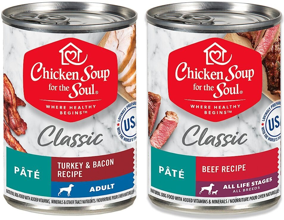 Chicken Soup for the Soul Classic Turkey and Bacon Recipe and Beef Pate Recipe Wet Dog Food， 13-oz can， case of 12