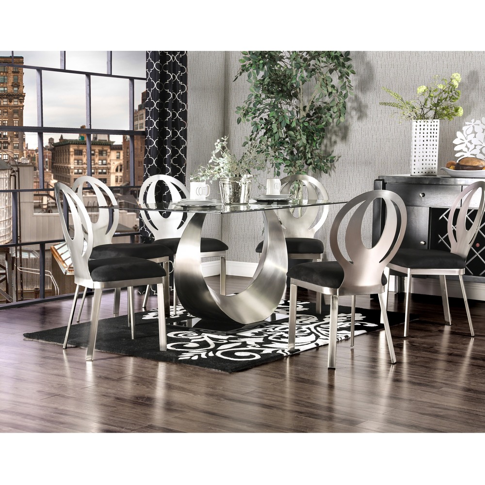 Heer Modern Black Steel U shaped Pedestal 7 Piece Dining Set by Furniture of America