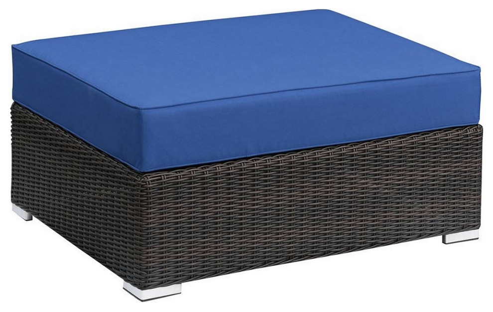 Joni 36 Inch Modern Square Outdoor Patio Ottoman Brown Rattan Blue Seat   Footstools And Ottomans   by Dot  ampBo  Houzz