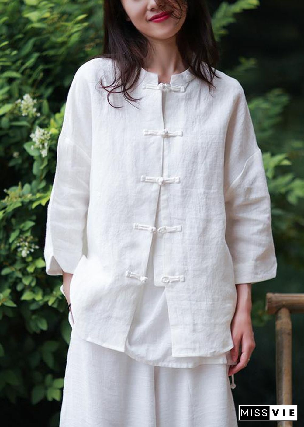 Women stand collar Chinese Button cotton Blouse white silhouette blouse