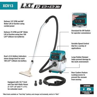 Makita 18V X2 LXT Lithium-Ion (36V) Cordless Corded 4 Gallon HEPA Filter Dry Dust ExtractorVacuum Kit (5.0Ah) XCV13PT