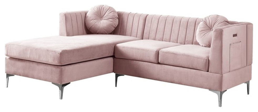 Bowery Hill Contemporary Velvet Sectional Sofa Chaise with Charging Port in Pink   Midcentury   Sectional Sofas   by Homesquare  Houzz