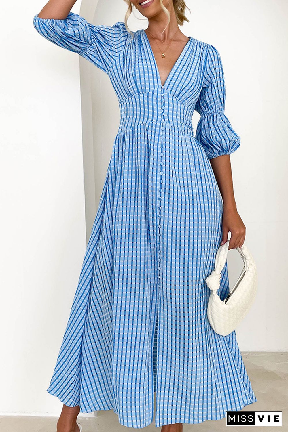 Eyelet Checked Button Up Long Split Dress