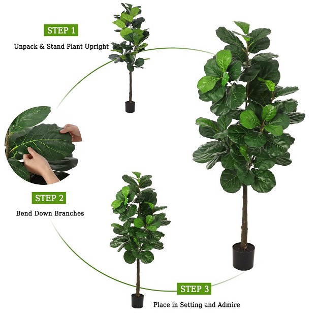 5ft Artificial Fiddle Leaf Fig Tree， Set Of 2 Faux Fig Silk Trees In Pot， Decorative Indoor Plants For Home， Office， Living Room， Entryway