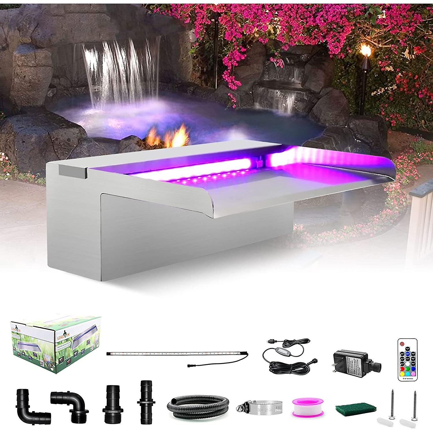 Waterfall Spillway Stainless Steel Pond Waterfalls With Color Changing Led Light， Outdoor Pool Fountain Water Spillway Waterfall Kit For Garden Patio