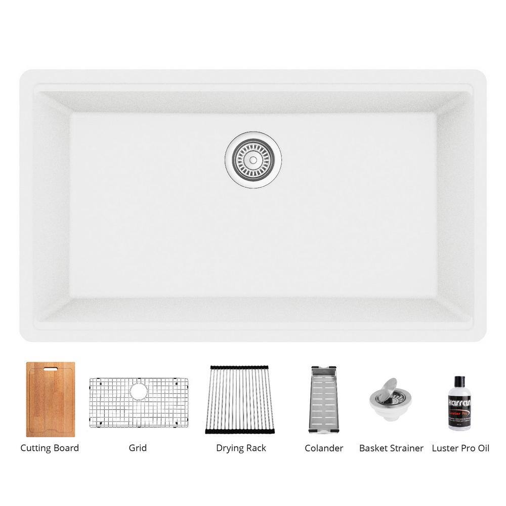 Karran QUWS- 875 Quartz 32.5 in. Single Bowl Undermount Workstation Kitchen Sink in White QUWS-875-WH