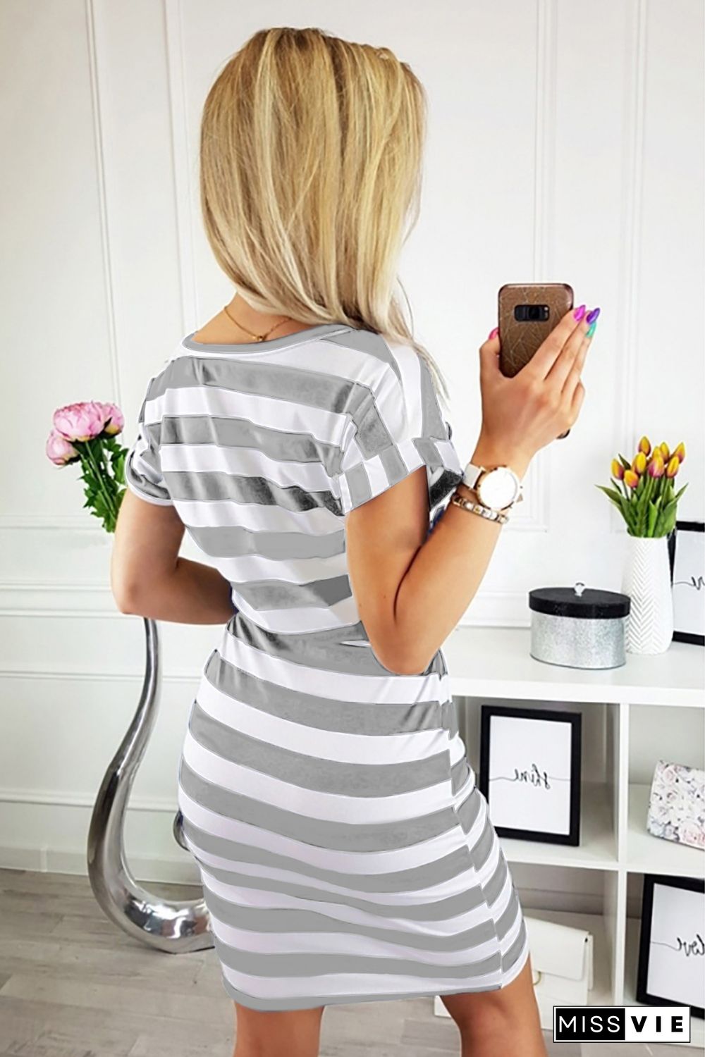 Gray Stripes Pocketed T-shirt Dress with Belt