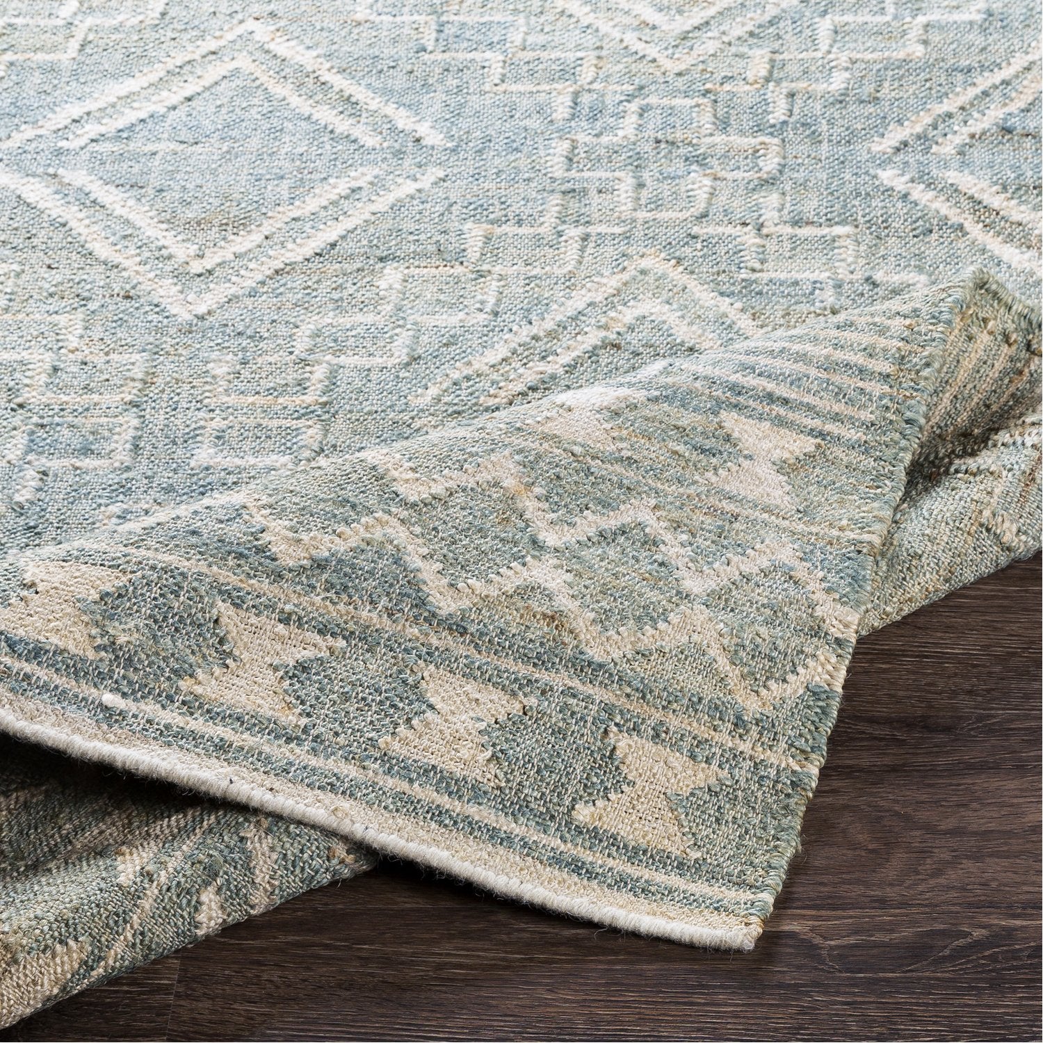 Cadence Hand Woven Rug in Sage, Cream, Camel, Ice Blue, Tan