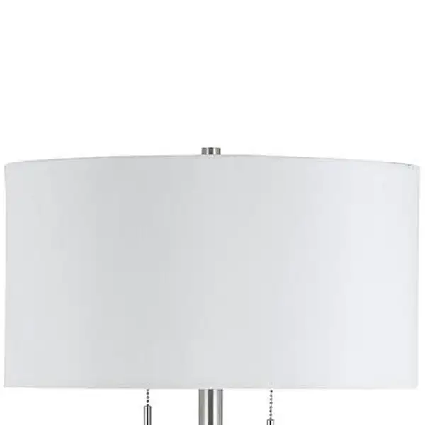 Metal Body Floor Lamp with Fabric Drum Shade and Pull Chain Switch, Silver