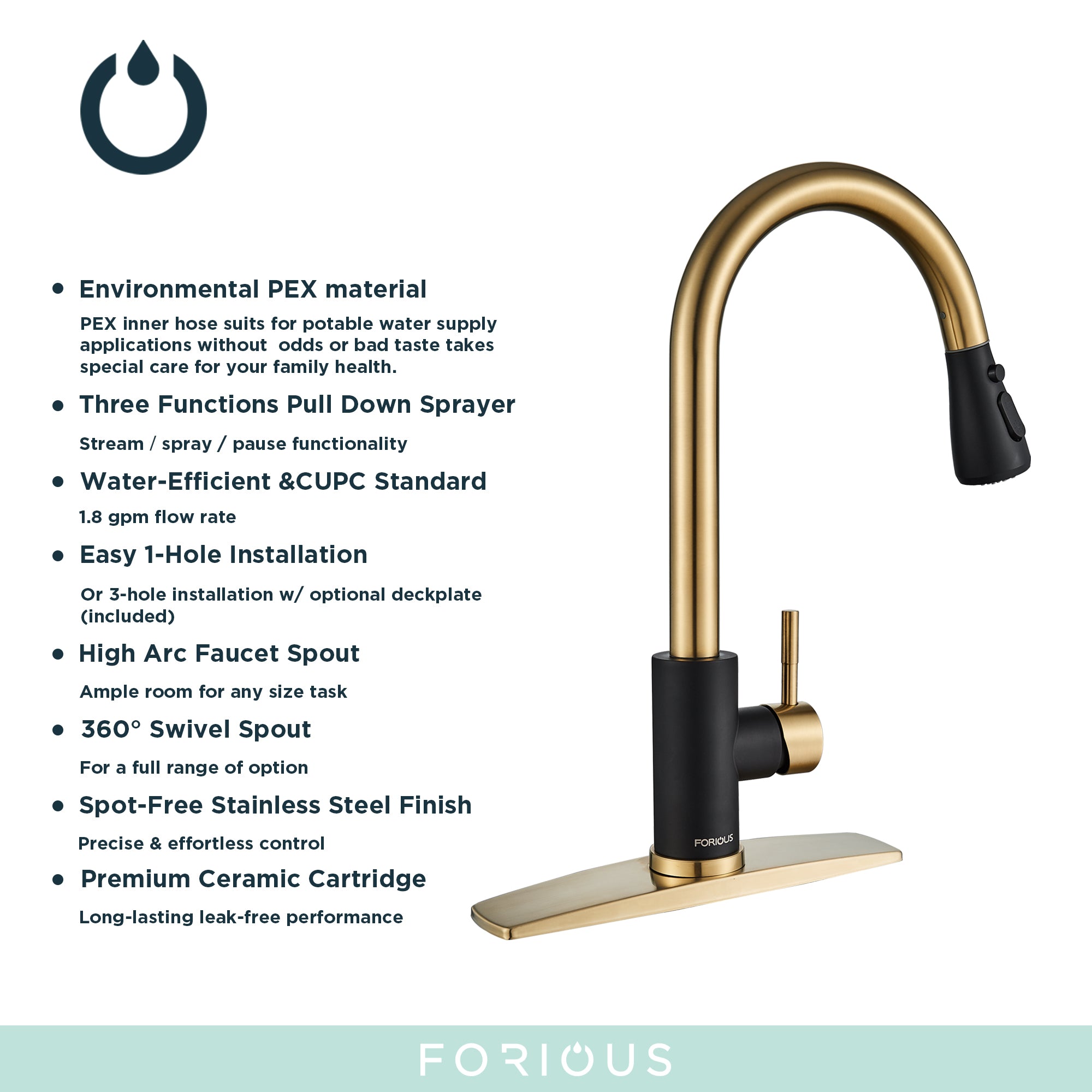 Forious Kitchen Faucet with Pull Down Sprayer Single Handle Sink Faucet Gold Black in Kitchen