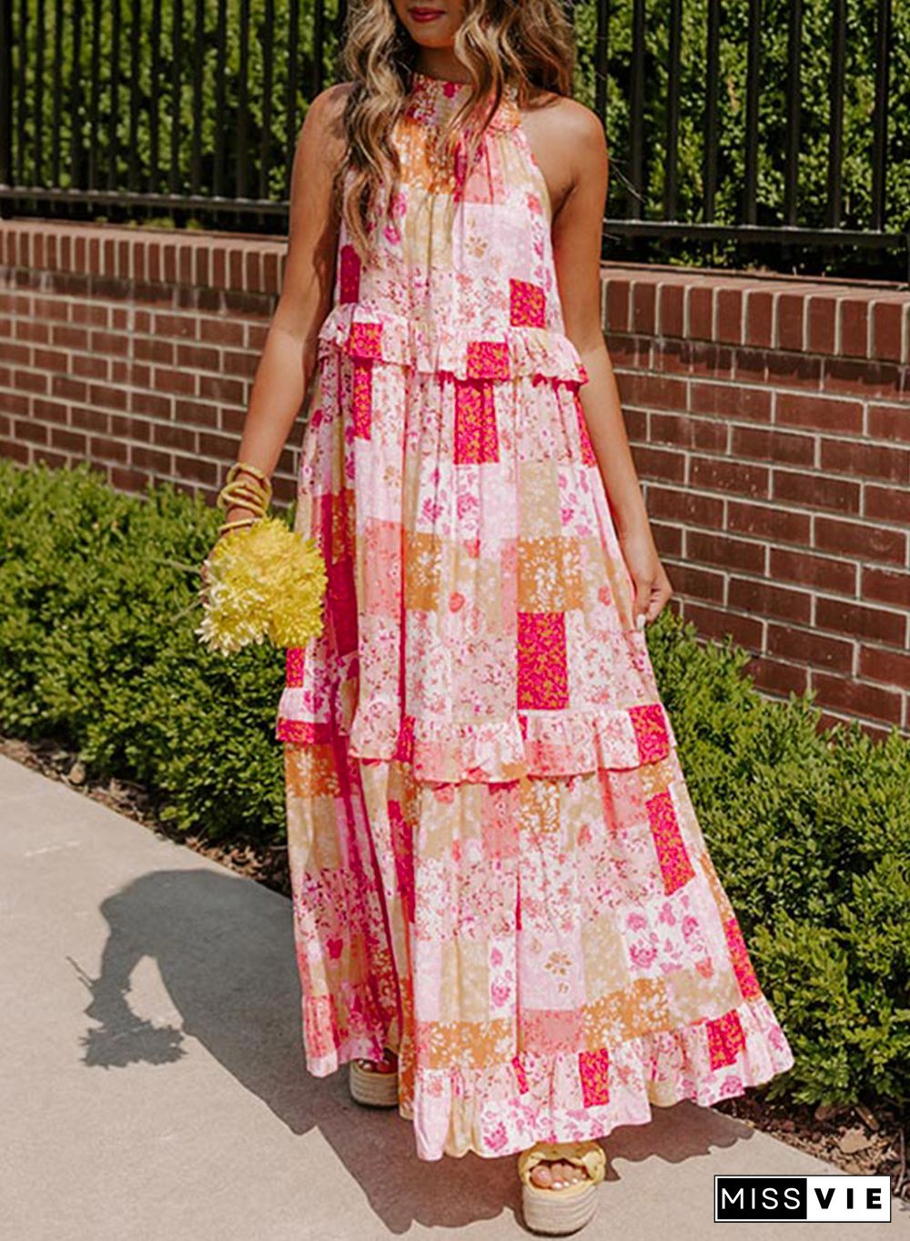 Multicolor Boho Geometric Floral Print Sleeveless Maxi Dress