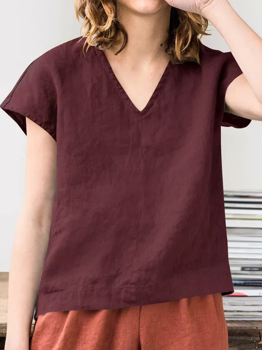 Casual Solid Color V-Neck Short Sleeve Blouse