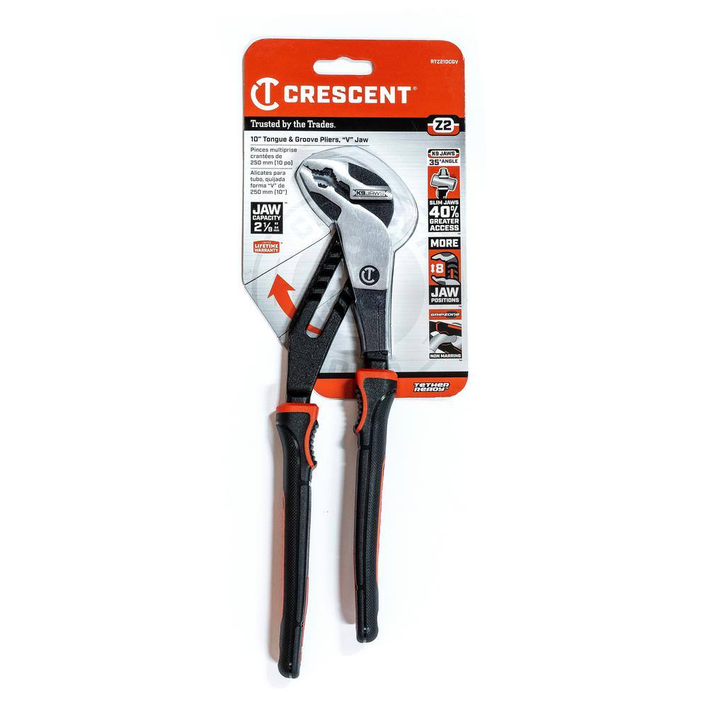 Crescent Z2 K9 10 in. Straight Jaw Tongue and Groove Dual Material Grip Pliers With K9 Angle Access Jaws RTZ210CG