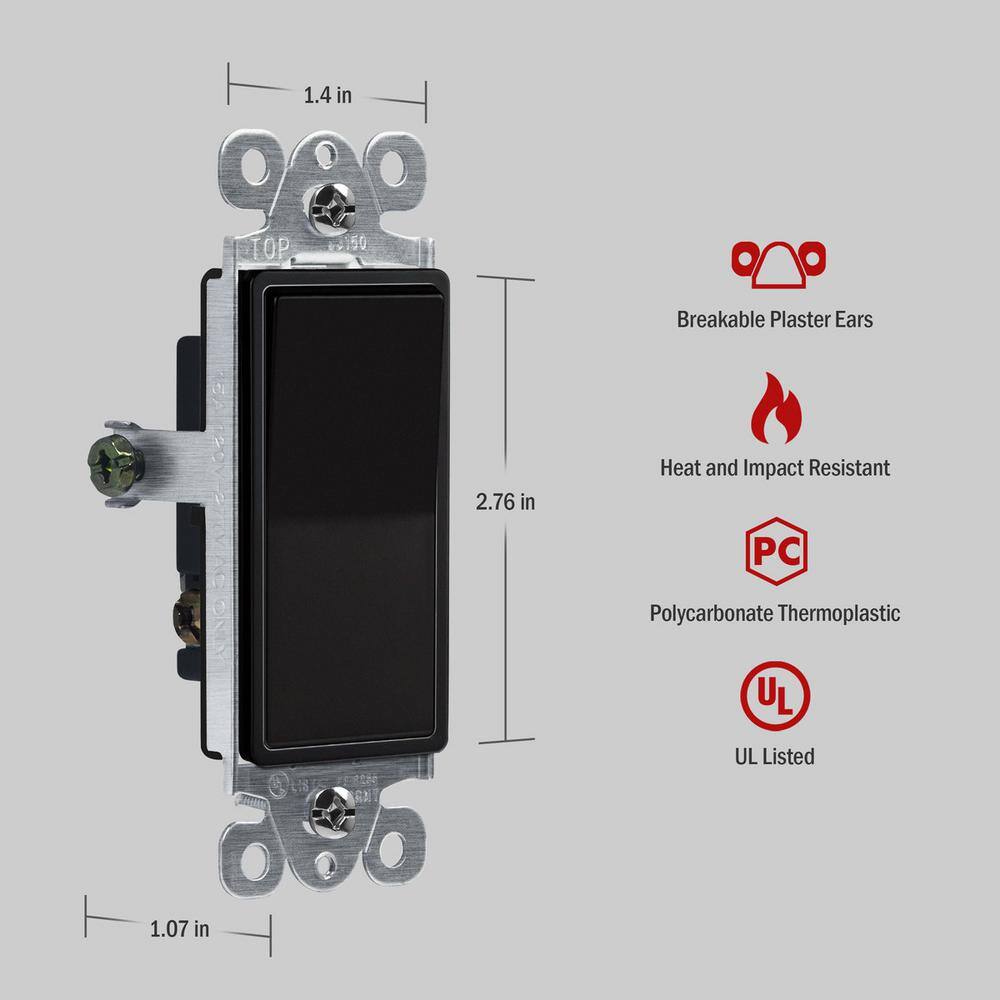 ENERLITES 15 Amp Rocker Light Switch 3-Way or Single Pole Decorator Black (5-Pack) 93150-BK-5PCS