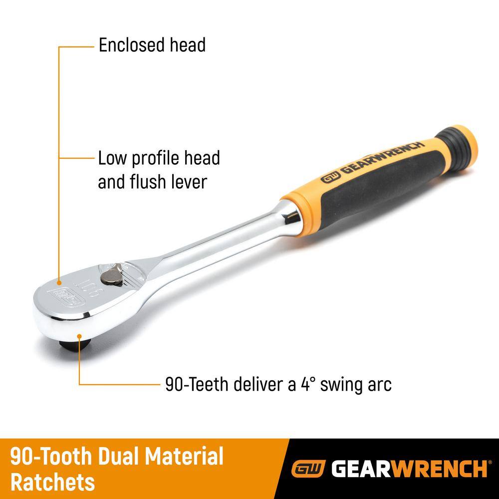 GEARWRENCH 14 in. 38 in. and 12 in. Drive 90-Tooth Dual Material Teardrop Ratchet Set (3-Piece) 81207T