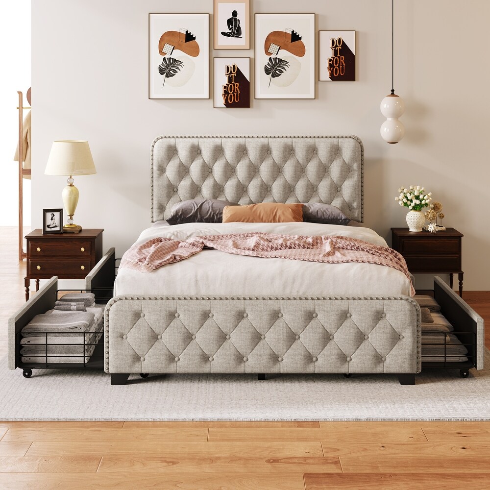 Upholstered Platform Bed Frame with Four Drawers