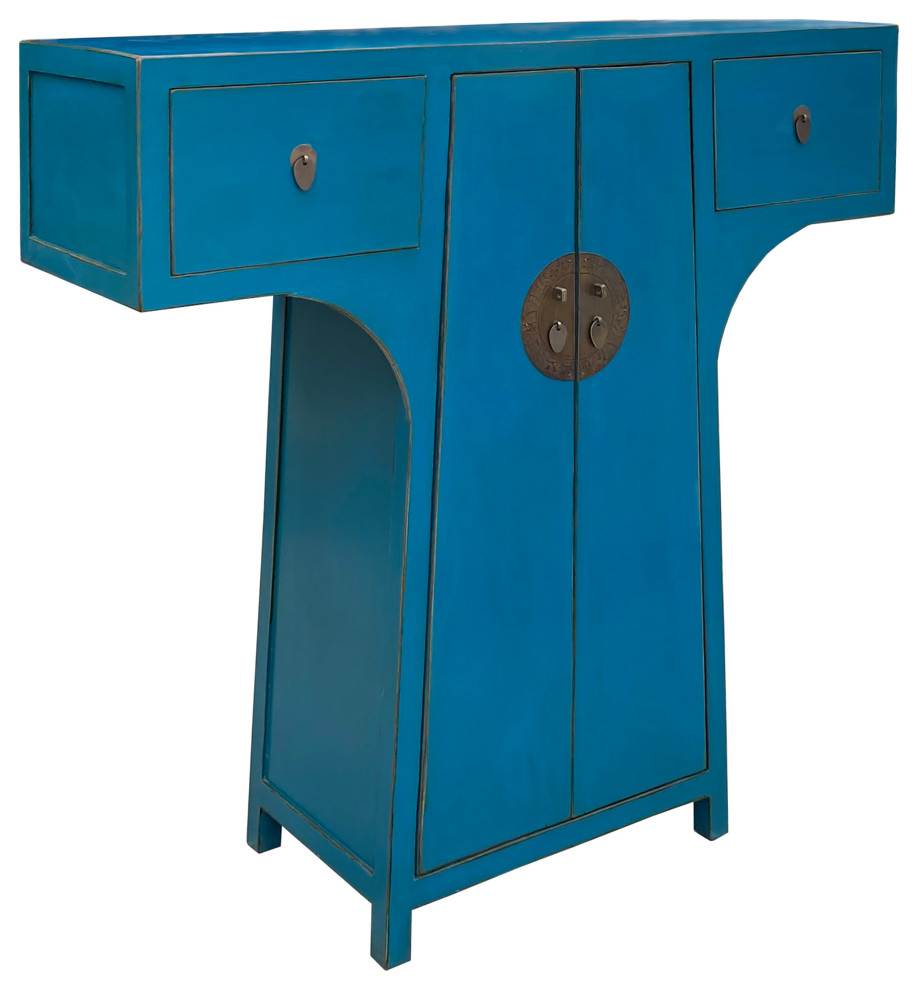 Chinese Moon Face T Shape Benitoite Blue Drawers Side Table Cabinet Hcs7510   Asian   Side Tables And End Tables   by Golden Lotus Antiques  Houzz