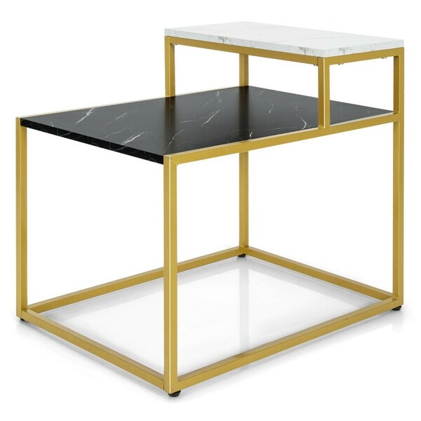 Metal Frame and Marble Finish Tabletop 2 Tier Side Table