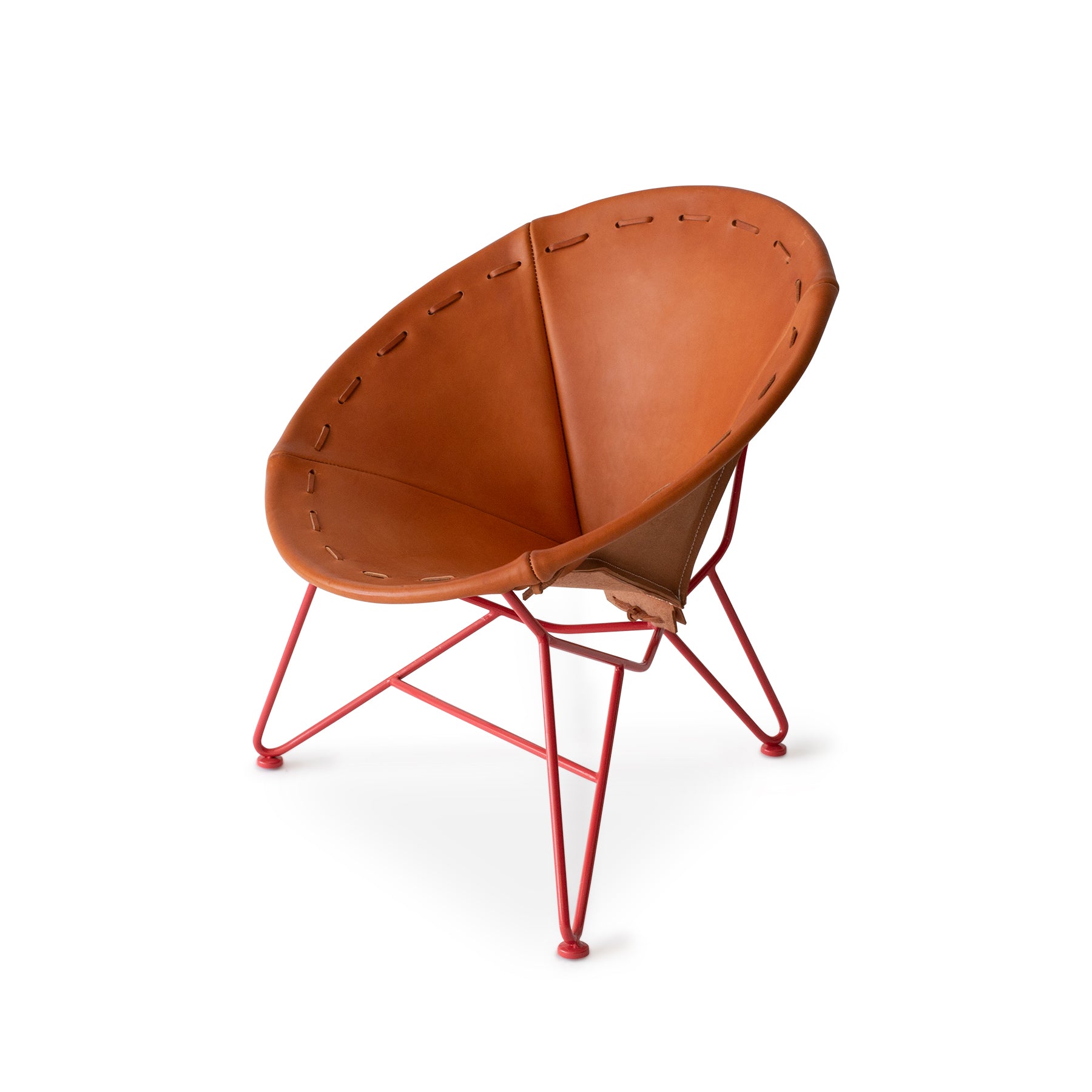 Natural Saddle Leather Round Chair with Strawberry Red Base – Bold, Comfortable, and Unique