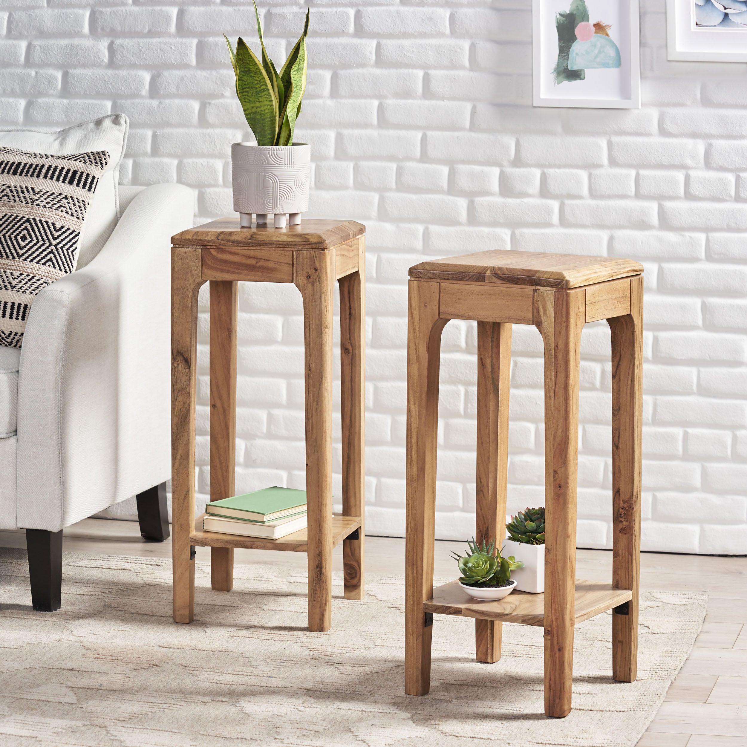 Waterford Haralson Handcrafted Mid-Century Modern Acacia Wood Plant Stand, Set of 2