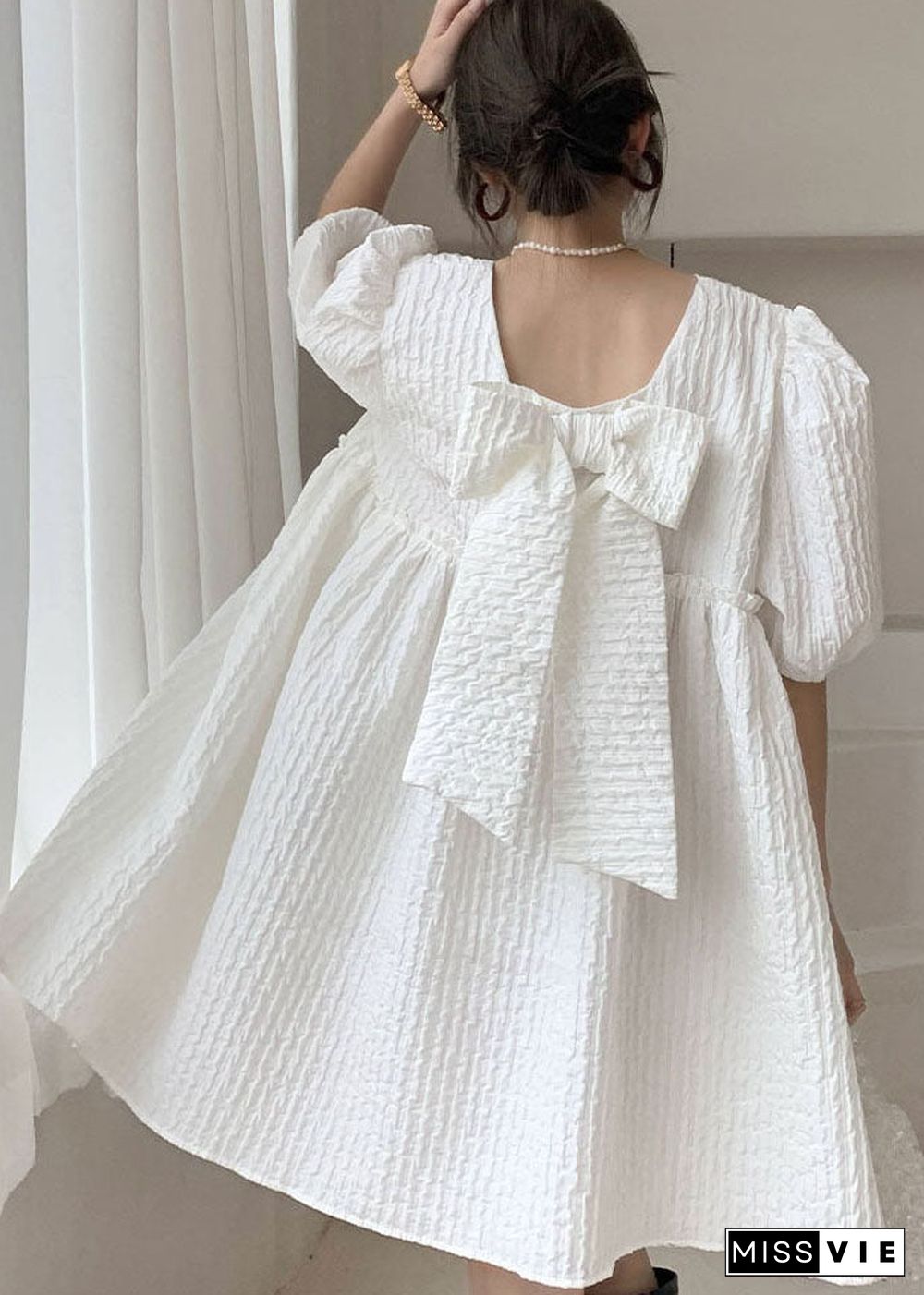 Plus Size White Ruffled Bow Patchwork Cotton Vacation Dress Spring