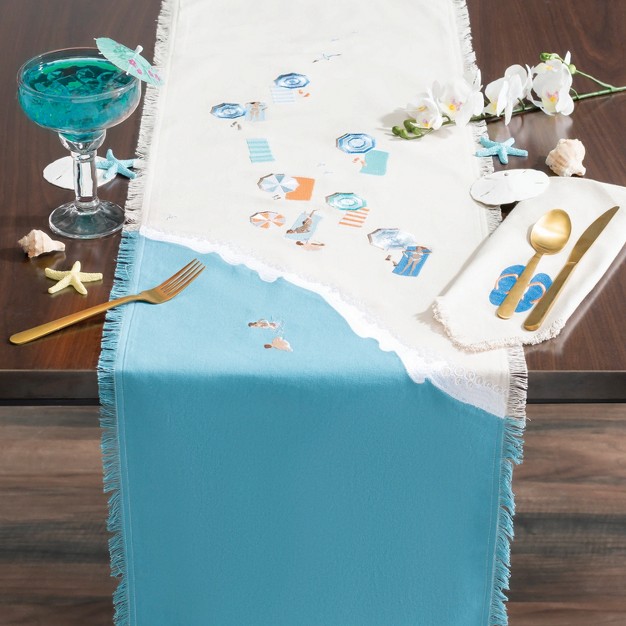 Rightside Designs Beach Scene Blue And Natural Embroidered Table Runner