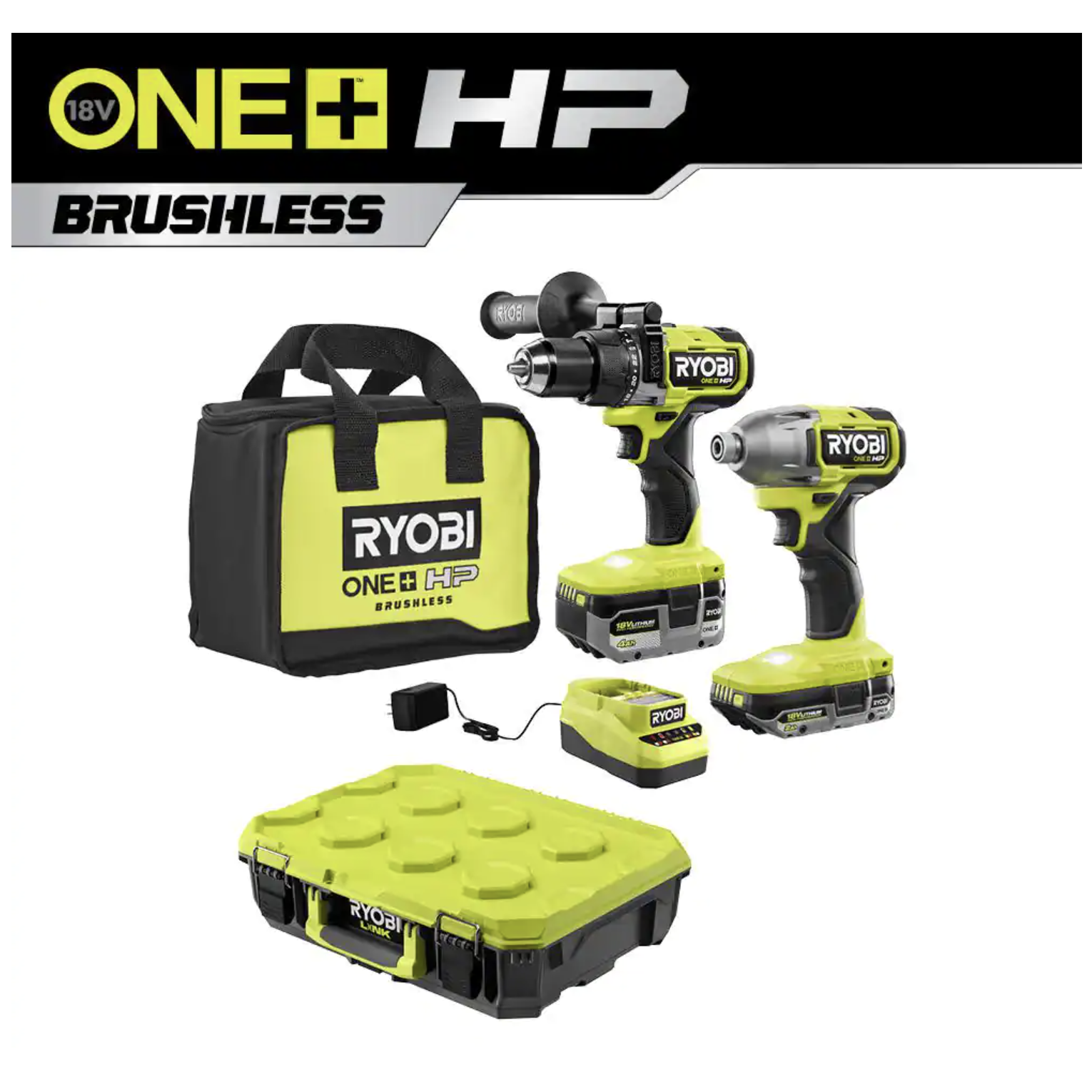 Ryobi ONE+ HP 18V Brushless Cordless Hammer Drill and Impact Driver Kit w/Batteries， Charger and Bag w/LINK Standard Tool Box (PBLCK02K-STM101)