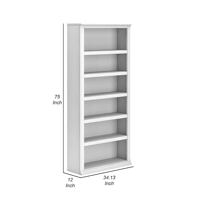 75 Inch Freestanding Bookcase， Adjustable Shelves， Whitewashed Finish