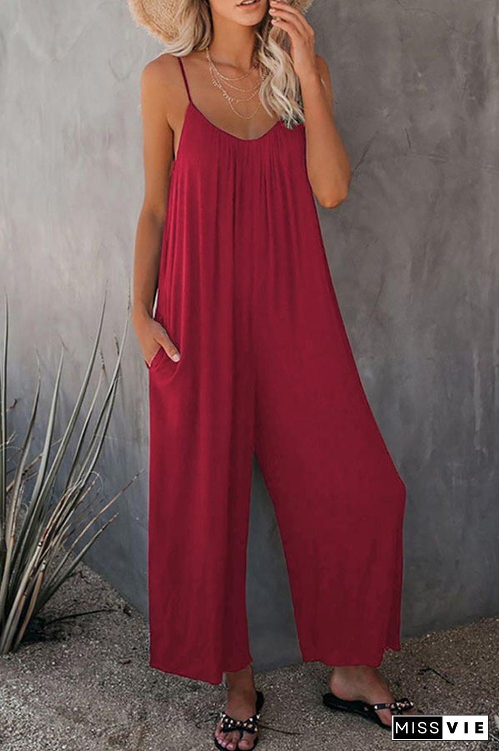 Casual Sling Solid Color Pocket Jumpsuit